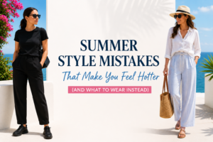 Infographic showing common summer style mistakes that make you feel hotter and how to fix them